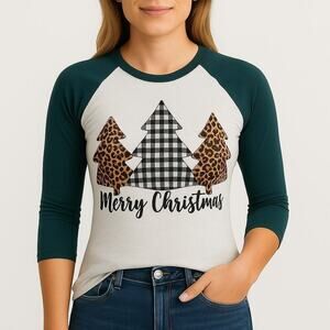 Women's Small Plaid Leopard Christmas Tree Top